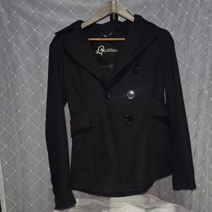 GUESS Women's Black Button Pea Trench double breasted